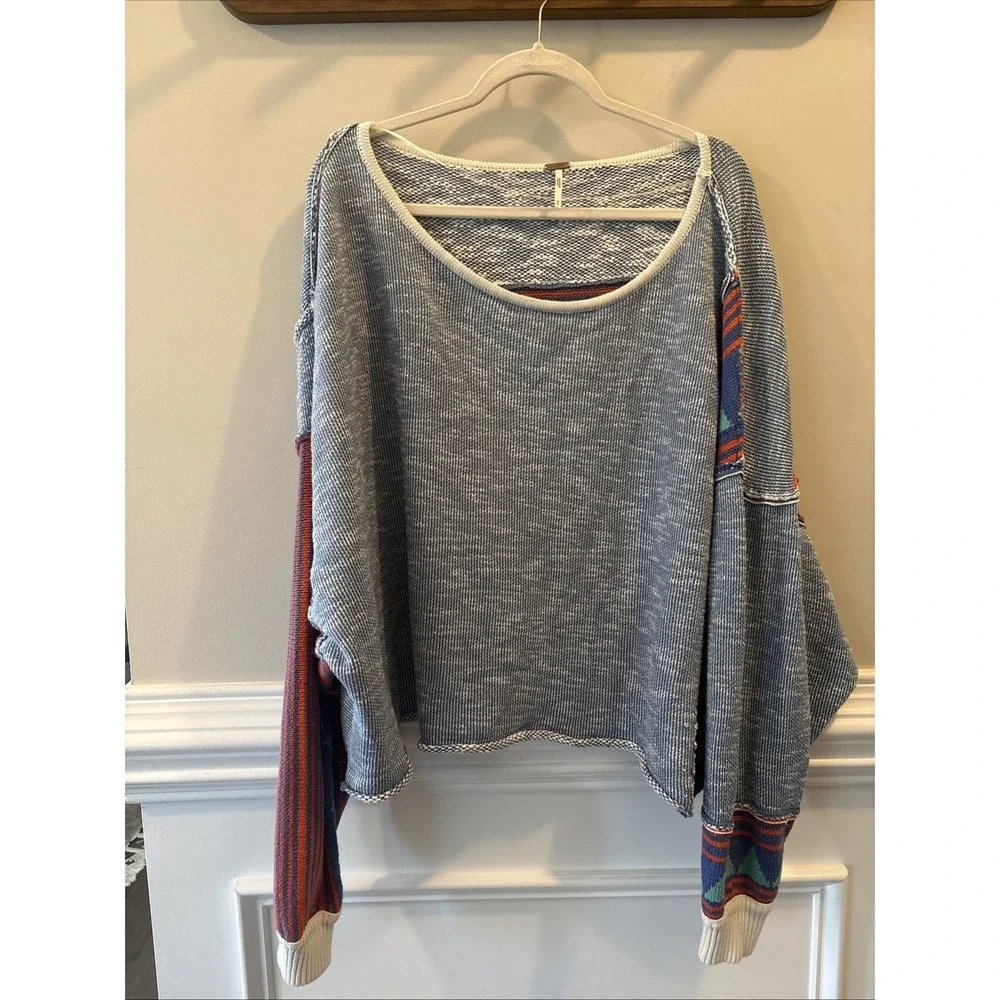 Free People Blue Medium, Bohemian, Oversized, Patchwork Sweater
